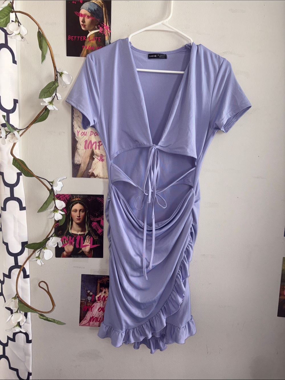 SHEIN Lavender Tie-Front Ruched Midi Dress with Ruffle Hem